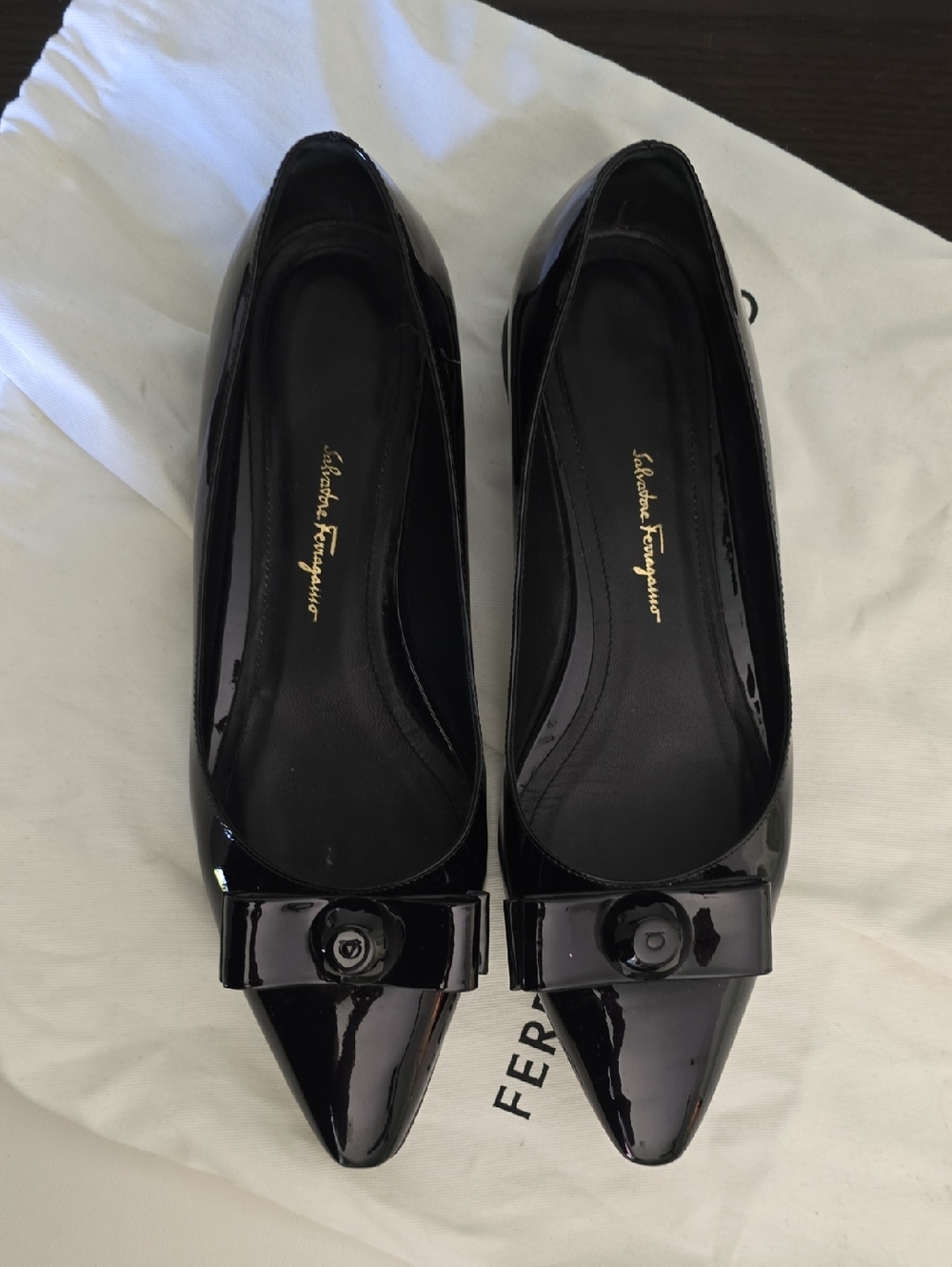Salvatore Ferragamo Black Patent Pointed-Toe Flats with Bow Detail, Size 8